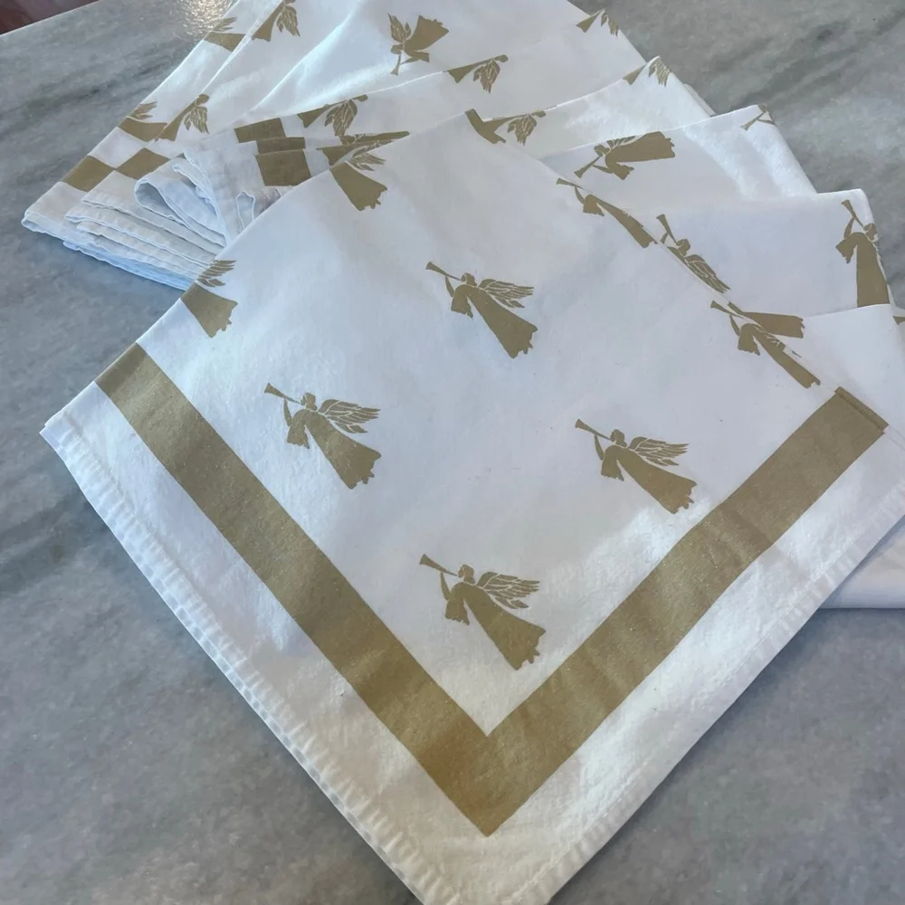 Christmas holiday, festive, gold, and white trumpeting cotton blend napkins - 9